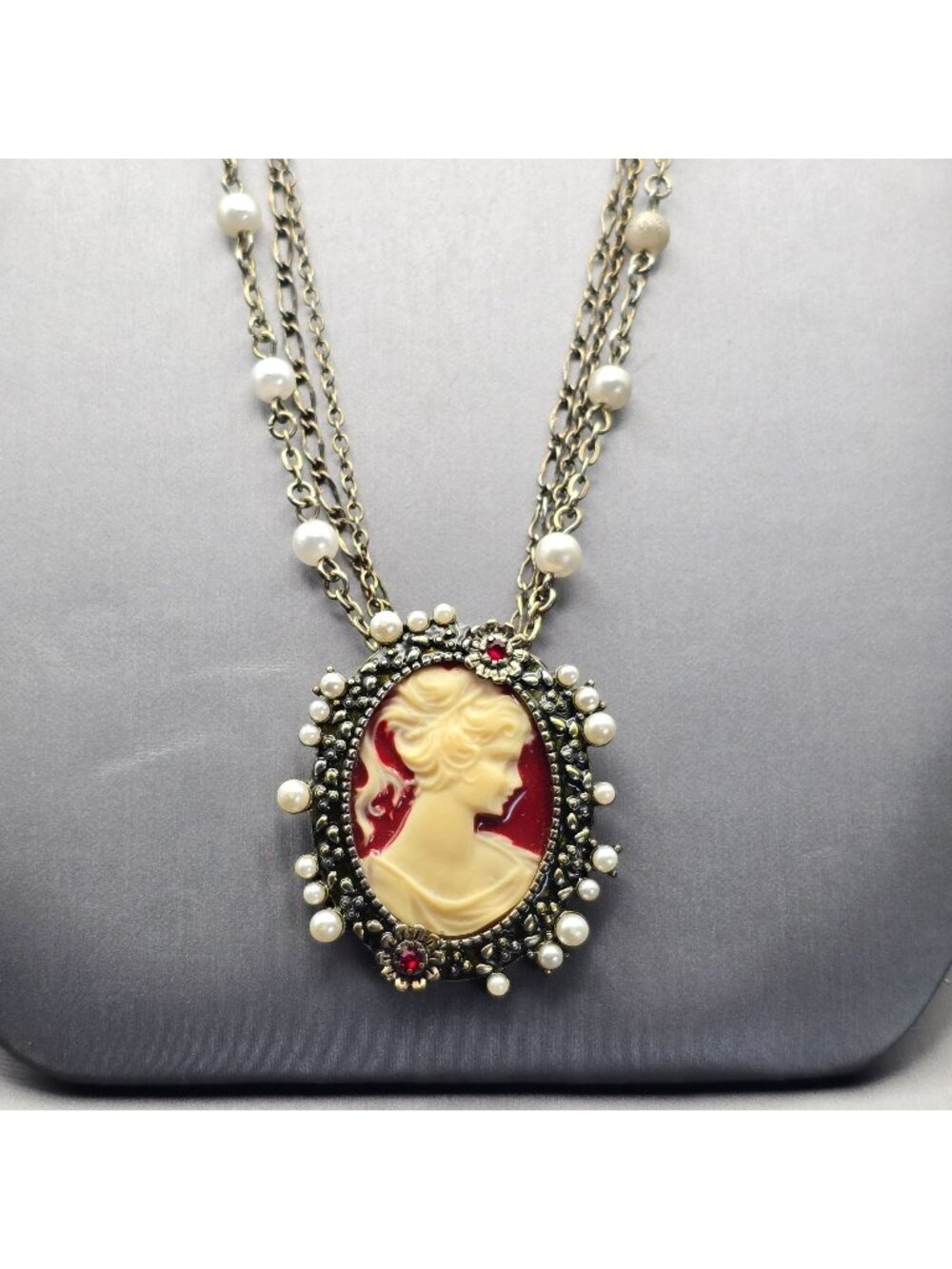 Vintage Victorian Revival Cameo Necklace Faux Pearl Multi Strand Station 26"